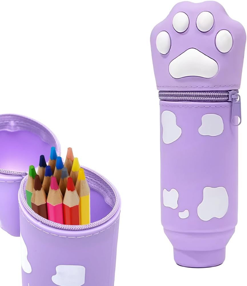 1 Piece Kawaii 2 in 1 Kawaii School Legami Case 1 Piece Kawaii 2 in 1 Kawaii School Legami Case Soft Silicone, 18.5 x 6.5 cm Cat Paw Theme for Table Pen Holder, Zipper, Coloured Pencils Marker Pens (Purple, C)