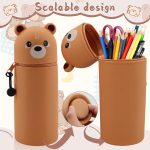 2 in 1 Silicone Kawaii Pencil Case - Expandable Cute Animal Pencil Case for Pens Supplies Office School with 4 Erasable Gel Pens, Black/White, well - Imagen 3