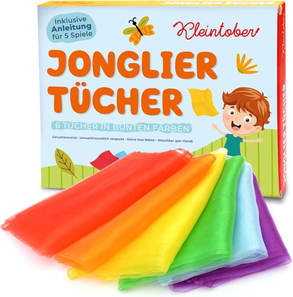 Kleintober Colored Juggling Handkerchiefs l 6 Dance Handkerchiefs with Instructions for First Tricks l Dance Game for Boys and Girls