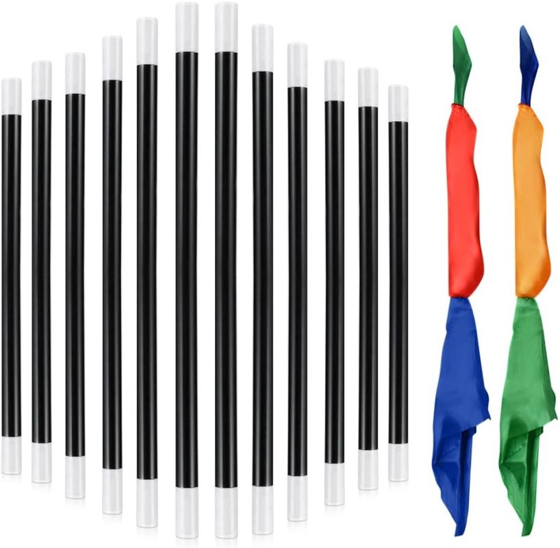 12 PCS Magic Wand with 2 Silk Handkerchiefs 4 Colors Funny Magic Tool Black and White Magic Wand Funny Magic Stick for Children Magic Wand Wizard for Party