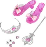Princess Accessories Set for Girls, Girl Costume Kit with Crown Wand, Pumps, Earrings Ring Heart, Role Play Kids 3 4 5 6 7 Years