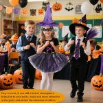 Kids Halloween Costumes Purple Witch Full Set with Hat, Bat Mask, Tutu Skirt and Detachable Broom for Girls Cosplay Costume Party - Imagen 4
