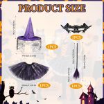 Kids Halloween Costumes Purple Witch Full Set with Hat, Bat Mask, Tutu Skirt and Detachable Broom for Girls Cosplay Costume Party - Imagen 6