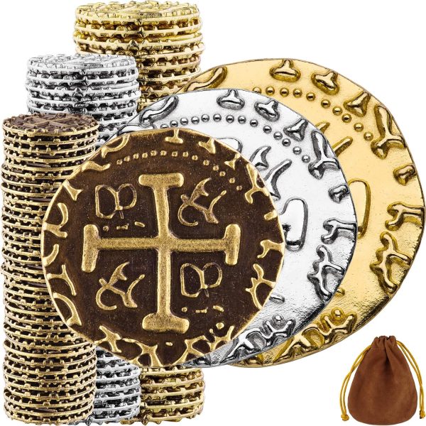 Metal Pirate Coins - 102 Gold, Silver and Bronze Coins for Adult Board Games, Kids Board Games, Treasure Chest, DND, Gloomhaven Fake Money - Mix Size