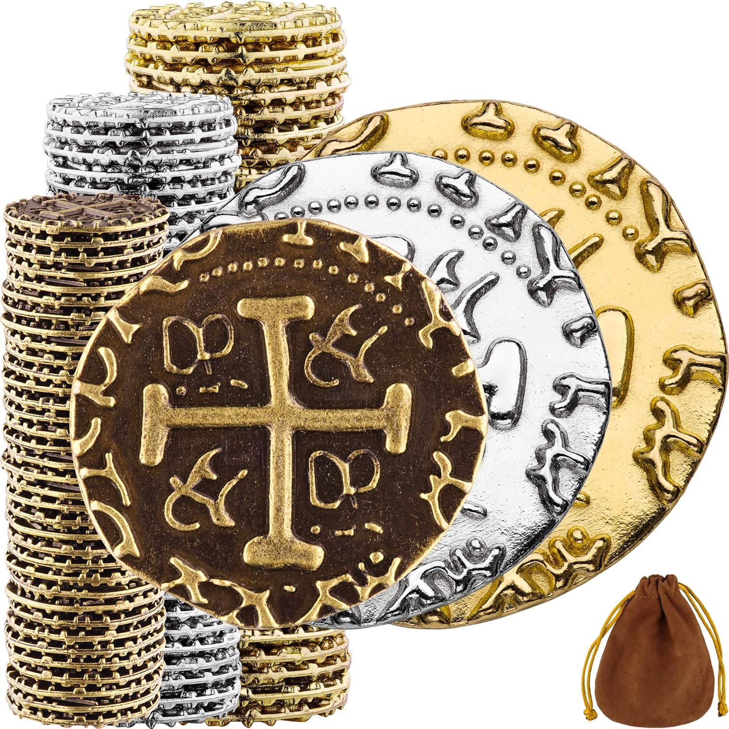 Metal Pirate Coins - 102 Gold, Silver and Bronze Coins Metal Pirate Coins - 102 Gold, Silver and Bronze Coins for Adult Board Games, Kids Board Games, Treasure Chest, DND, Gloomhaven Fake Money - Mix Size