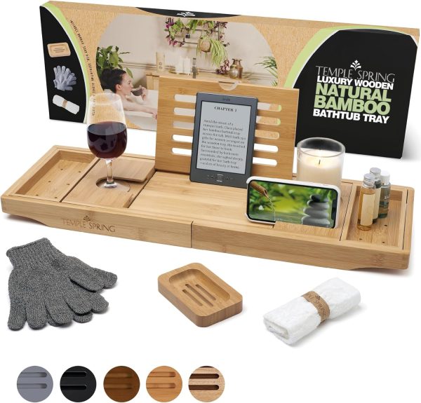 Temple Spring Bathroom Shelf, Bamboo Bath Tray, Extendable Bath Tray, Bath Accessories - Natural