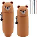 2 in 1 Silicone Kawaii Pencil Case - Expandable Cute Animal Pencil Case for Pens Supplies Office School with 4 Erasable Gel Pens, Black/White, well