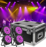 4pcs 200W 18 LED Par Projector + 1pc Flightcase Set, RGB+UV 8CH Pair LED Floodlight, Auto/Strobe/DMX512/Master-Slave/Hard Silent Scroll Wheel