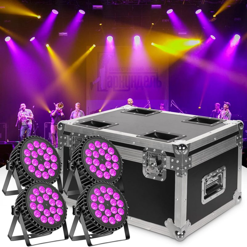 4pcs 200W 18 LED Par Projector + 1pc Flightcase Set, RGB+UV 8CH Pair LED Floodlight, Auto/Strobe/DMX512/Master-Slave/Hard Silent Scroll Wheel