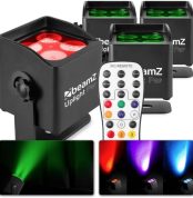 BeamZ BBP44 Pack of 4 Mini LED 4 x 4 W Outdoor Spotlights, RGWB, 25 Hour Battery Life, IP65, Stage Lighting, Dimmer 0-100%, Remote Control Included