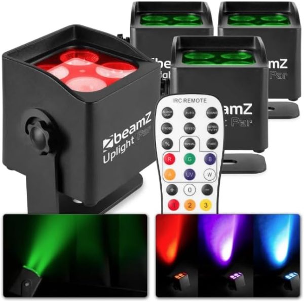 BeamZ BBP44 Pack of 4 Mini LED 4 x 4 W Outdoor Spotlights, RGWB, 25 Hour Battery Life, IP65, Stage Lighting, Dimmer 0-100%, Remote Control Included