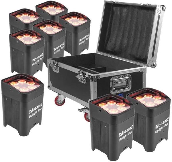 BeamZ BBP96 - Uplight LED Bulbs with Battery, Set of 8-6x12W LED Spot Stage Wireless DMX Party Spotlights in Flight Case, Stage Lighting, Light Effects, Remote Control, Spotlight