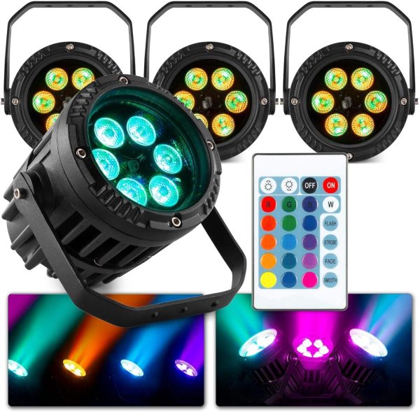 BeamZ PRO Pack of 4 PAR BWA63 LED Spotlights with 6 LEDs of 3 W RGB PAR Spotlight Outdoor Waterproof IP65, Angle of 23º, Stage Lighting, Disco Light, Party Light, Garden Lighting