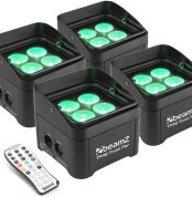 Beamz TP46 LED PAR Spotlight Pack of 4 Spotlights with DMX and 4 LEDs of 4W RGB-UV, UV Black Light Technology, Remote Control, Uplight Stage Lighting, for Trusses