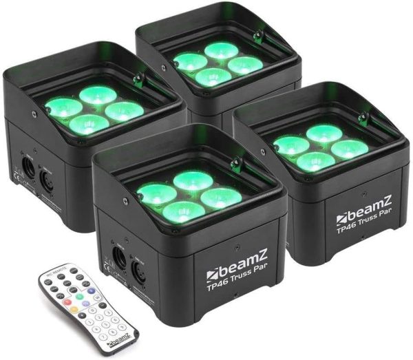 Beamz TP46 LED PAR Spotlight Pack of 4 Spotlights with DMX and 4 LEDs of 4W RGB-UV, UV Black Light Technology, Remote Control, Uplight Stage Lighting, for Trusses
