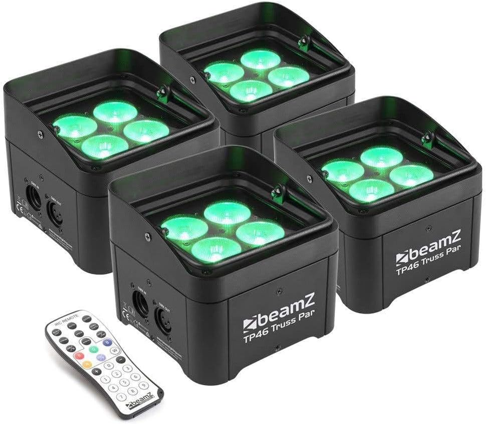 Beamz TP46 LED PAR Spotlight Pack of 4 Spotlights with Beamz TP46 LED PAR Spotlight Pack of 4 Spotlights with DMX and 4 LEDs of 4W RGB-UV, UV Black Light Technology, Remote Control, Uplight Stage Lighting, for Trusses