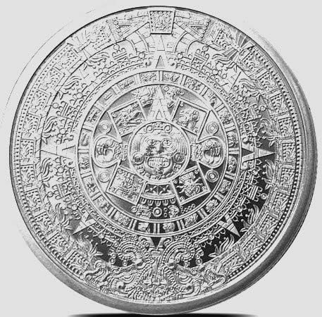 CALENDARIO Azteca / maya MONEDA DE PLATA FINA intrincado 1 troy oz.999 pura, pieza de coleccionista, única rara artística de plata pura 1 x 1 oz Moneda de 39mm , con Aztec Warrior en el reverso