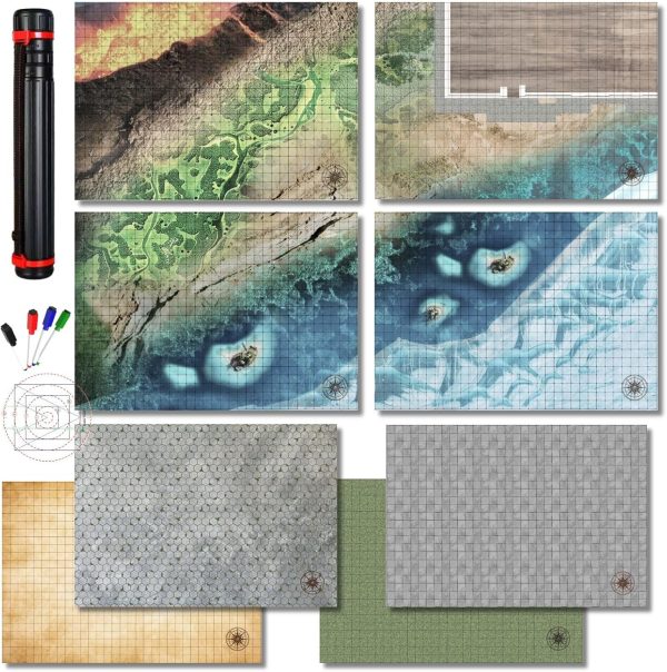 DND Battle Games Map D&D 5E Grid 4Mat 8Scenarios Dry Erase Pens and AOE Spell Template 23x33 Inch Starter Set Dungeons and Dragons Double-Sided Gift Accessories