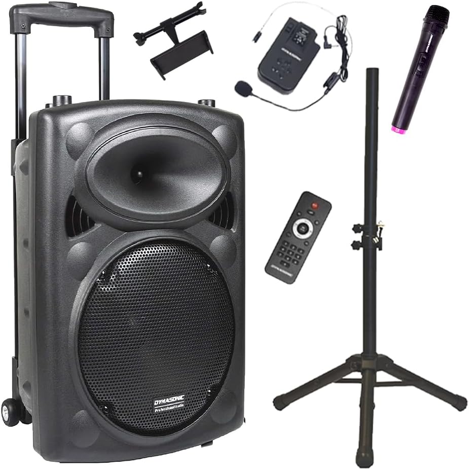 DYNASONIC - DYNAPRO 12 Plus (3rd Generation Tripod Pack) Professional DYNASONIC - DYNAPRO 12 Plus (3rd Generation Tripod Pack) Professional Portable Bluetooth Speaker, Powerful 700W Bluetooth Speaker 2 Karaoke Microphones, Tablet Stand and Tripod