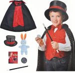 Disfraz de mago de mago para niños, disfraz de mago con capa, incluye sombrero, capa, varita, trucos mágicos, juego de accesorios para niños y niñas