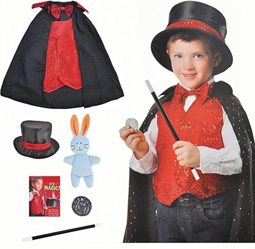 Disfraz de mago de mago para niños, disfraz de mago con capa, incluye sombrero, capa, varita, trucos mágicos, juego de accesorios para niños y niñas