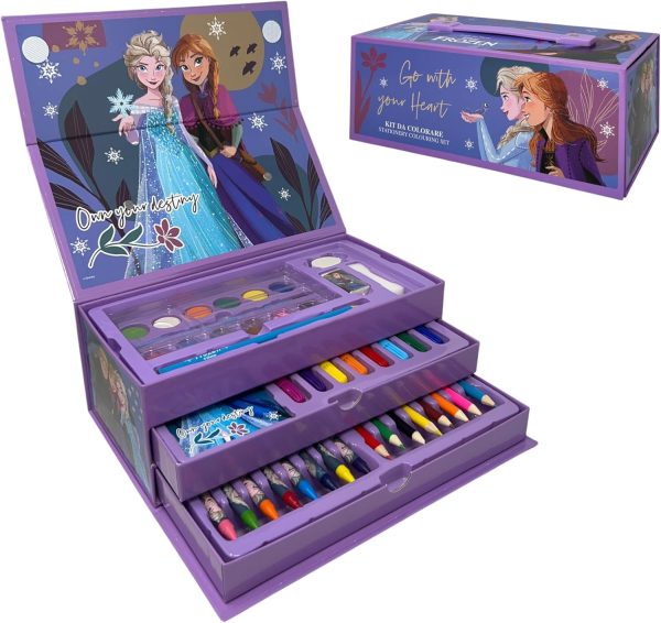 Disney Frozen Children's Coloured Briefcase Set 52 Pieces and Stationery Box with Drawers Drawing and Painting Kit