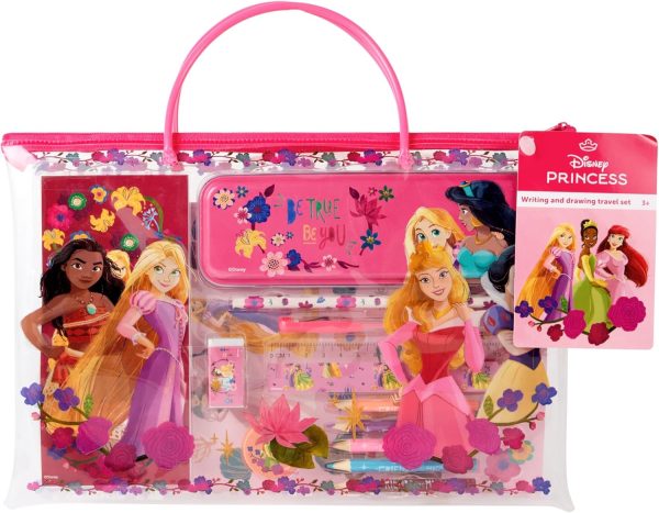 Disney Princess - Juego de viaje de escritura y dibujo con Vaiana, Cenicienta y Rapunzel | Kit creativo de pintura y manualidades para niños con estuche, lápices y hojas para colorear | Juego de