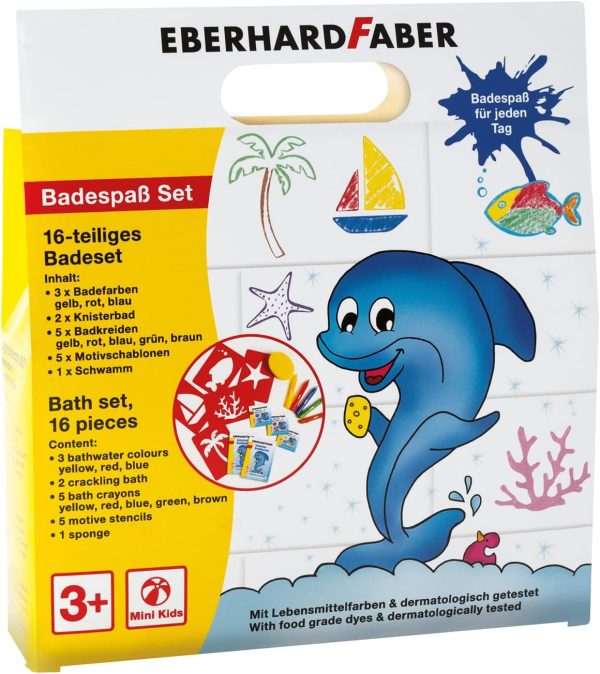 Eberhard Faber 524116 16 Piece Kids Bath Set with Bath Crayons, Bath Colors, Stencils, Sponge, Crackling Baths, Bath Fun Box