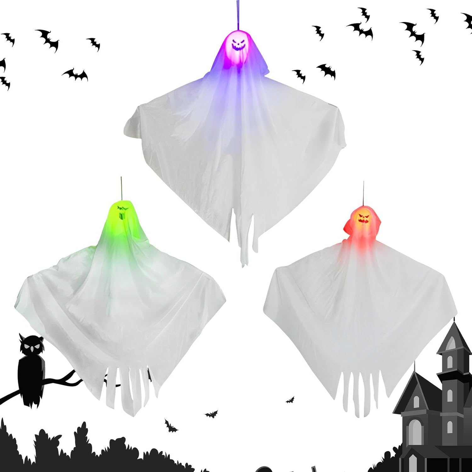 Fantasma con luz LED,Decoraciones de Fantasmas con luz,Fantasma de Columpio Fantasma con luz LED,Decoraciones de Fantasmas con luz,Fantasma de Columpio Iluminado - Casa Encantada Fantasma Iluminado En El Viento Espíritu Fantasma Iluminado Halloween con Expresiones De