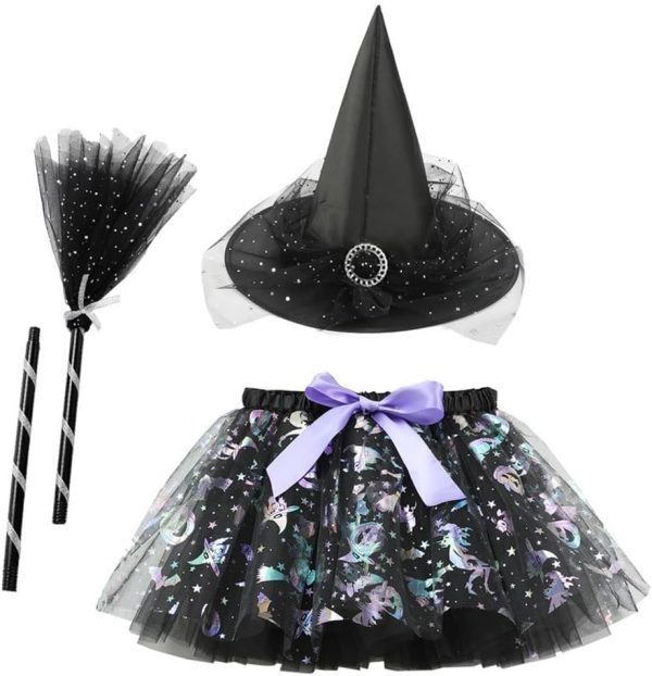 Halloween Costumes for Kids - Witch Hat and Magic Broom Halloween Wizard Costume Performance Costumes for Girls Witch Costumes for Kids Party Cosplay