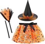 Halloween Costumes for Kids Witch Hat and Magic Broom Wizard Costume Halloween Performance Costumes for Girls Witch Costumes Party Cosplay (Pink