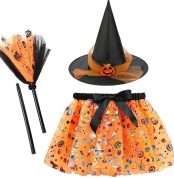 Halloween Costumes for Kids Witch Hat and Magic Broom Wizard Costume Halloween Performance Costumes for Girls Witch Costumes Party Cosplay (Pink
