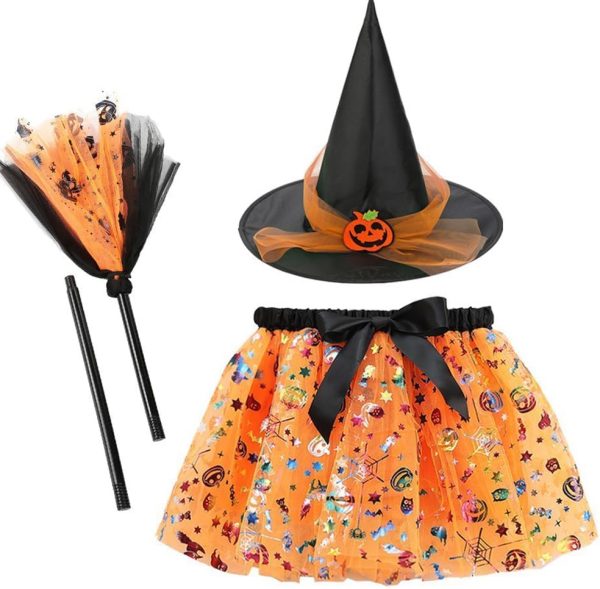 Halloween Costumes for Kids Witch Hat and Magic Broom Wizard Costume Halloween Performance Costumes for Girls Witch Costumes Party Cosplay (Pink