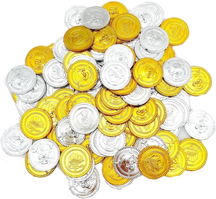 JZK 100pcs Silver Gold Plastic Coins Fake Pirate Treasure Hunting Coins Toys for Kids Party Bags for Halloween Christmas Kids Birthday Party