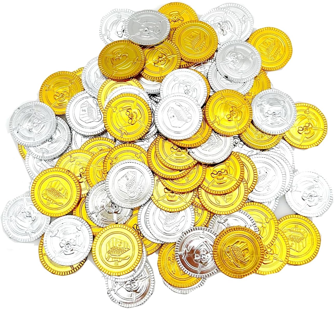 JZK 100pcs Silver Gold Plastic Coins Fake Pirate Treasure Hunting JZK 100pcs Silver Gold Plastic Coins Fake Pirate Treasure Hunting Coins Toys for Kids Party Bags for Halloween Christmas Kids Birthday Party