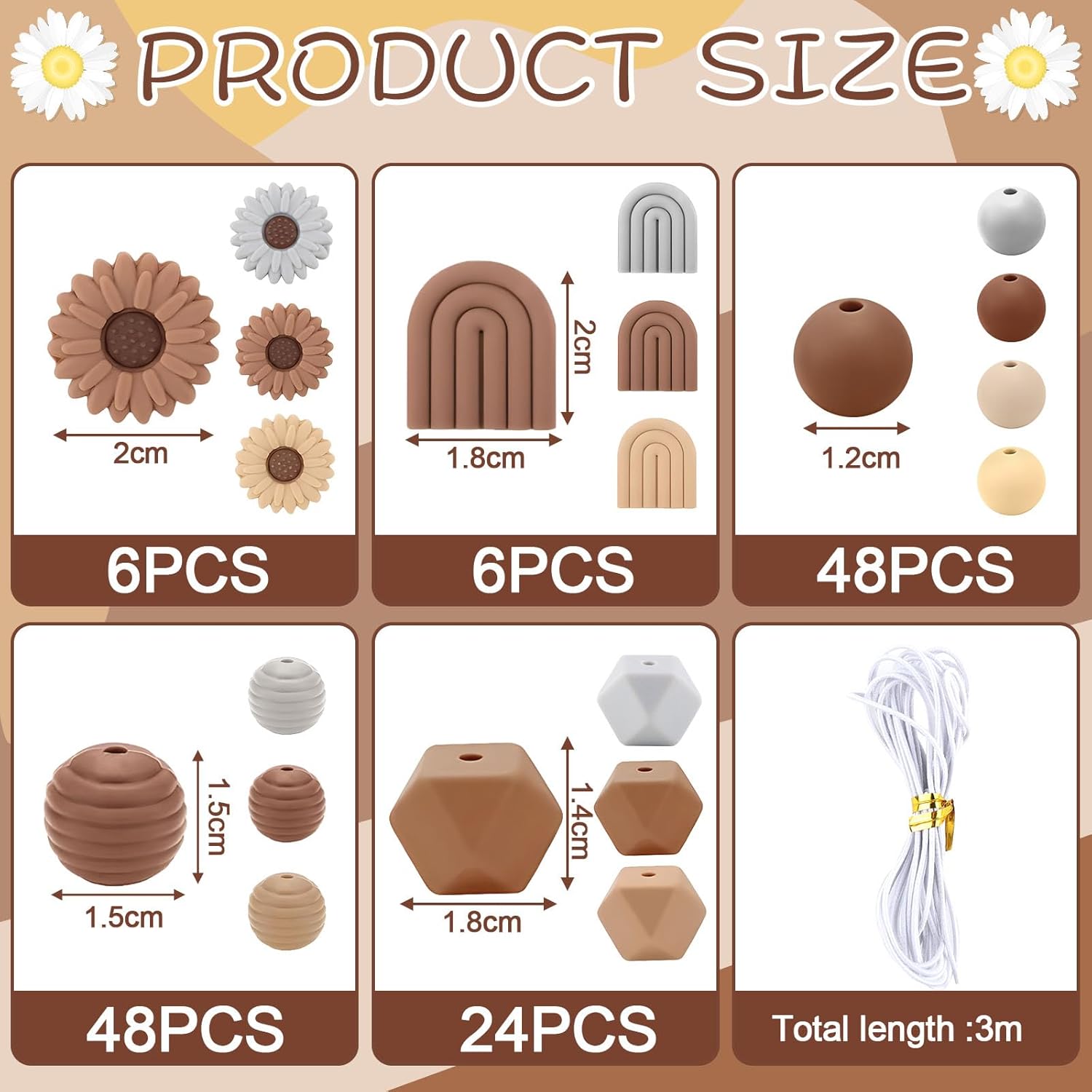 Juego de 132 cuentas de silicona en forma de flor, perlas de silicona con agujeros, cuentas coloridas para manualidades con cordón elástico, cuentas para manualidades, pulseras, bolígrafos - Imagen 2