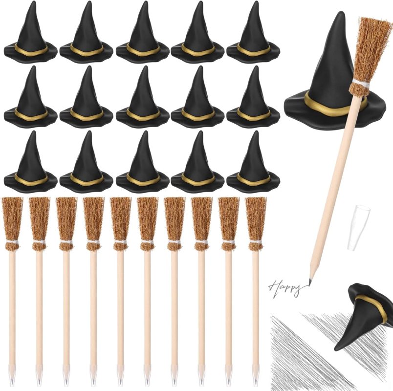 Juego de 24 lápices de escoba de bruja con 12 borradores de sombrero de bruja 3D, 12 bolígrafos de escoba para regalos de fiesta de Halloween, decoraciones para adolescentes, adultos, aula, relleno de