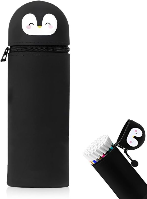 Kawaii 2 in 1 Soft Silicone School Case, Penguin Theme, Table Pen Holder, Zipper, Colored Pencils Markers, H 18.5 cm (Penguin)
