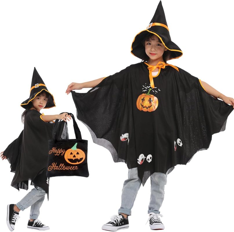 Kids Bat Costume, Halloween Bat Cape with Hat, Halloween Pumpkin Costume Children, Bat Costume+Hat+Bag Candy Pumpkin, Suitable Height 90-150CM (Black)