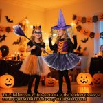 Kids Halloween Costumes Purple Witch Full Set with Hat, Bat Mask, Tutu Skirt and Detachable Broom for Girls Cosplay Costume Party - Imagen 2
