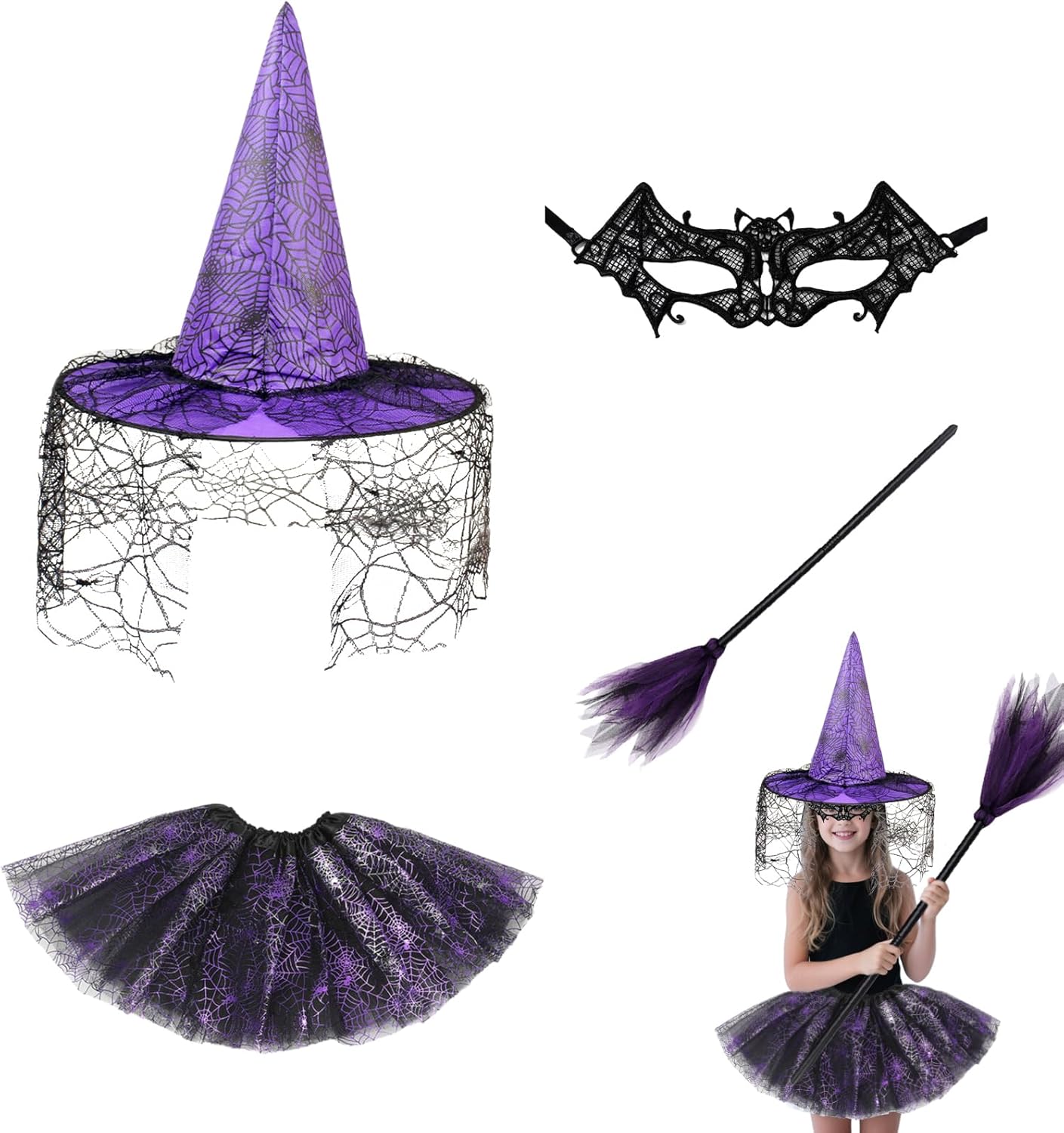 Kids Halloween Costumes Purple Witch Full Set with Hat, Bat Kids Halloween Costumes Purple Witch Full Set with Hat, Bat Mask, Tutu Skirt and Detachable Broom for Girls Cosplay Costume Party