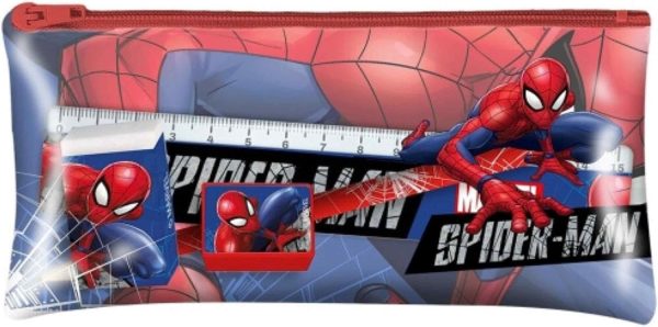 Kids Stationery Set with Pencil Case, Zipper Pencil Case for School Kids, 1 Pencil, 1 Eraser, 1 Sharpener and 6 Inch Ruler, Large Pencil Case for Stationery, Spiderman, Compact