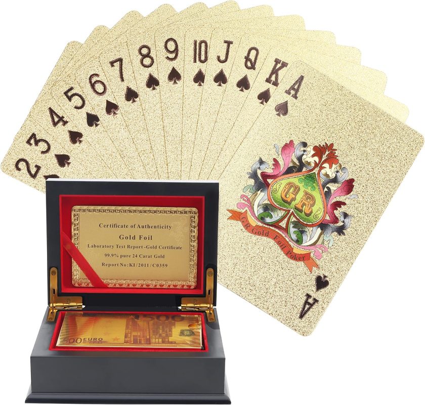 Kurtzy Gold Leaf Poker Cards - Waterproof Card Games for Magic, Playing Poker and Family Games - Professional Poker Deck with 500 Euro Design and Gift Box