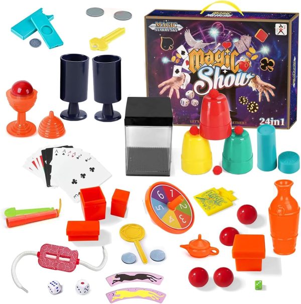 Magic Box for Kids, Magic Tricks with Instructions and Many Other Utensils, 24 in 1 Magic Case for Learning Magic Tricks and Illusions, Gift for Kids 6 7 8 9 10 Years Old