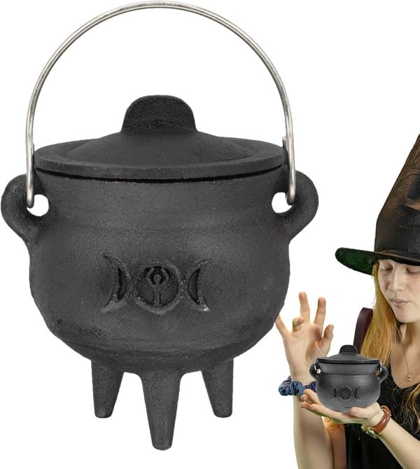 Olla de Bruja de Halloween,Hervidor de Agua Negro con Tapa y asa | Cubo de caldero de Bruja para Suministros de Fiesta de Truco o Trato, Decoraciones de Halloween o Quema de Incienso