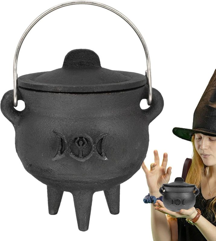 Olla de Bruja de Halloween,Hervidor de Agua Negro con Tapa y asa | Cubo de caldero de Bruja para Suministros de Fiesta de Truco o Trato, Decoraciones de Halloween o Quema de Incienso