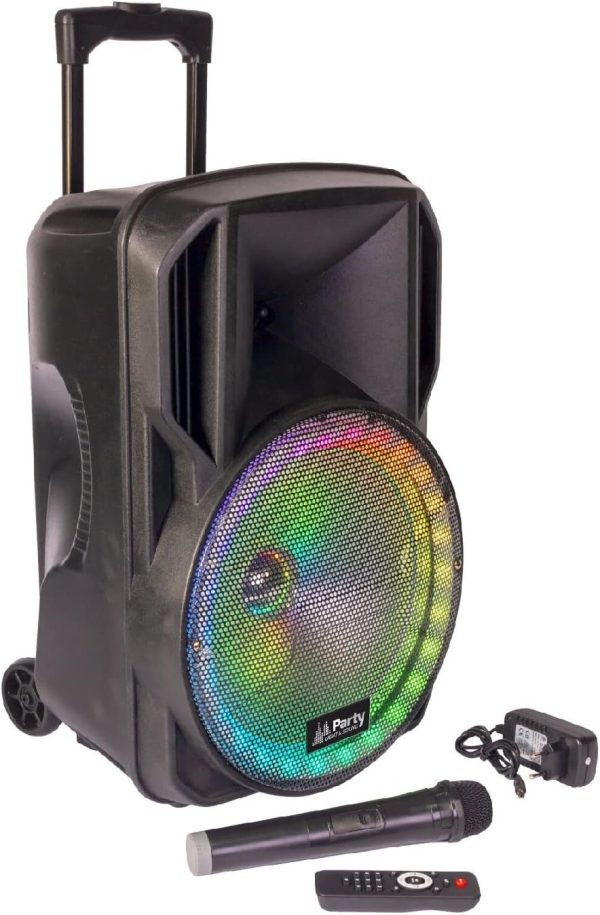 Party Light & Sound - PARTY-12RGB - 12"/30cm 700W Battery Powered Speaker with 1 Wireless VHF Microphone and Woofer Light Effect - Bluetooth, USB, Micro SD and AUX - Black