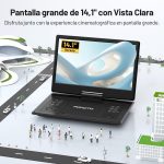 Portable DVD Player 15.7'' with 14.1" HD Rotatable Screen, 6H Autonomy, Supports Multiformat/SD/USB, Playback Memory, TV/Projector Output, Dual Speakers - Imagen 2