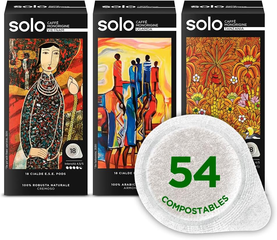 SOLO Caffè Monorigine Tasting Kit, Capsules E.S.E. 44 mm, 54 SOLO Caffè Monorigine Tasting Kit, Capsules E.S.E. 44 mm, 54 Single Doses, Compostables, 3 Packs of 18 Units