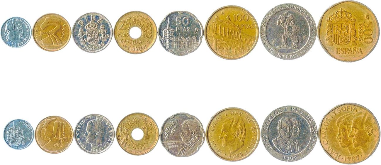 Set of 8 Spanish Coins. 1, 5, 10, 25, 50, 100, 200, 500 Pesetas. 1987-2001
